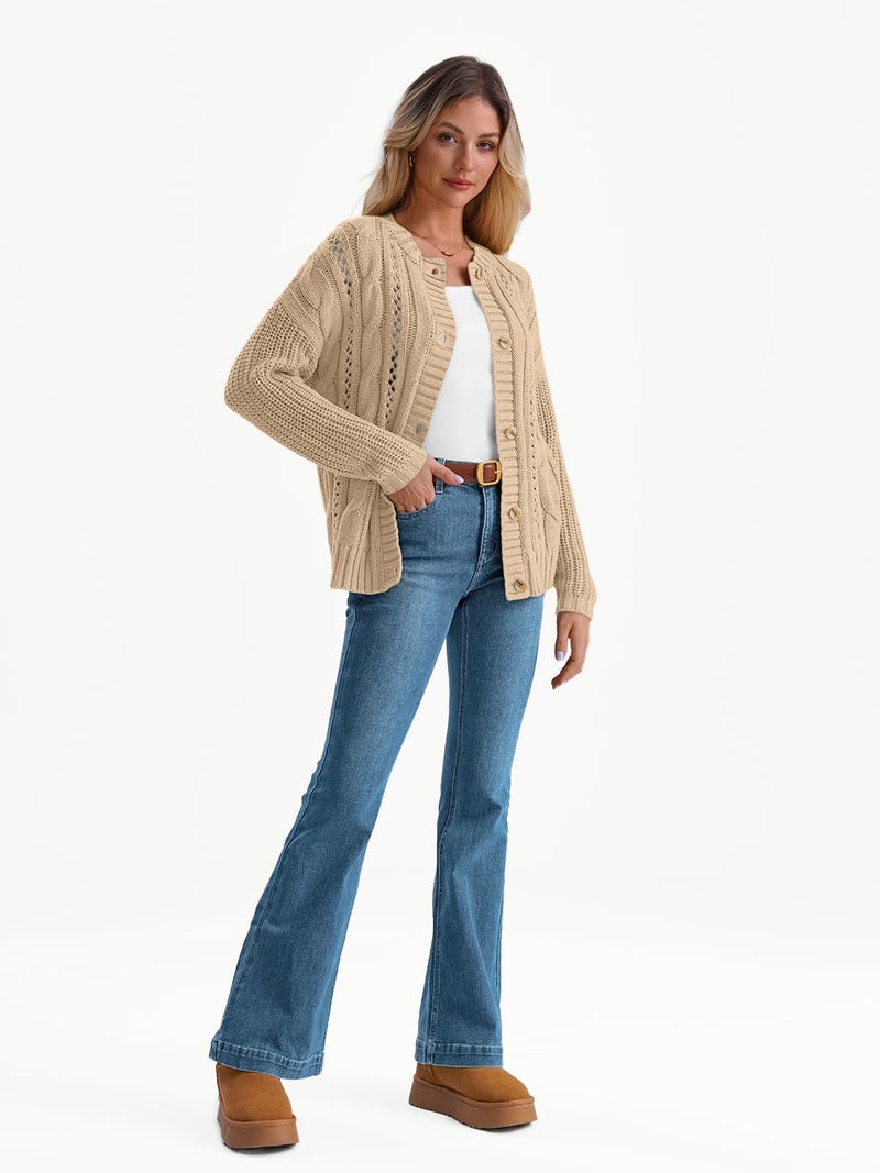 LILLUSORY Women's Cardigan Sweaters Cable Knit Crochet Cotton Fall Jackets Button Up Chunky Trendy Outfits Apricot S - Image 4