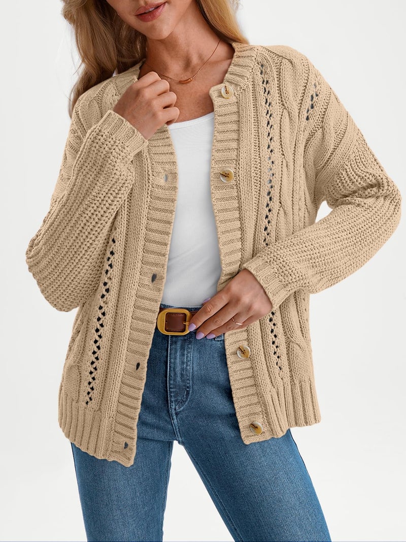 LILLUSORY Women's Cardigan Sweaters Cable Knit Crochet Cotton Fall Jackets Button Up Chunky Trendy Outfits Apricot S - Image 2