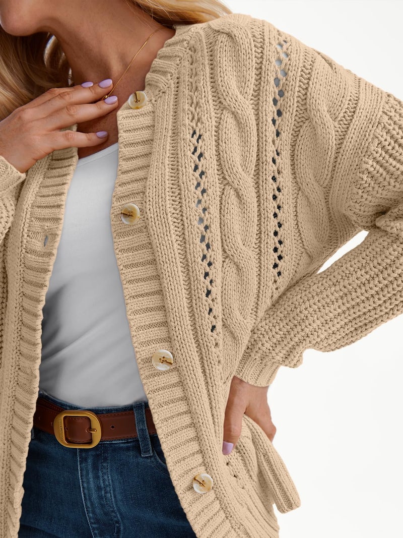 LILLUSORY Women's Cardigan Sweaters Cable Knit Crochet Cotton Fall Jackets Button Up Chunky Trendy Outfits Apricot S - Image 5