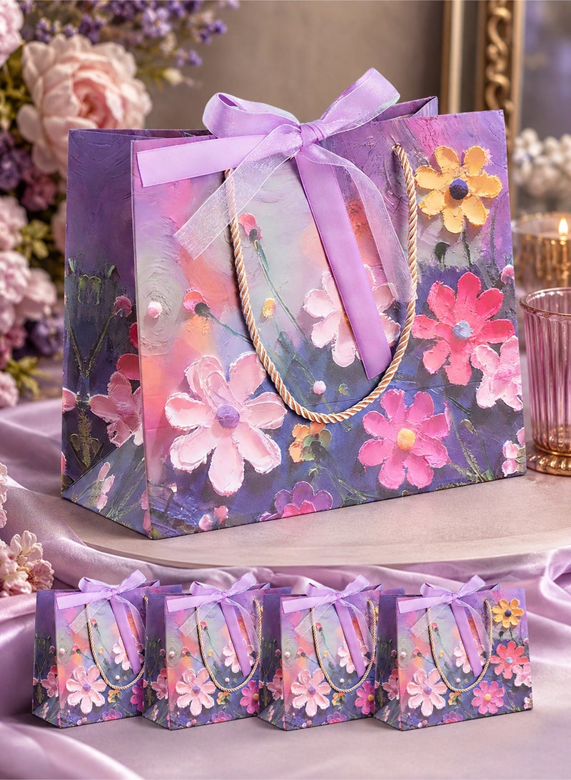 5 Pcs Gift Bag Set,Oil Painting Favor Gift Paper Bags with Handles and Bow Ribbon, 35*32*15cm Waterproof Large Size Colorful Craft Paper Gift Bags for Presents,Birthdays, Mother's Day,Weddings, Party - Image 1
