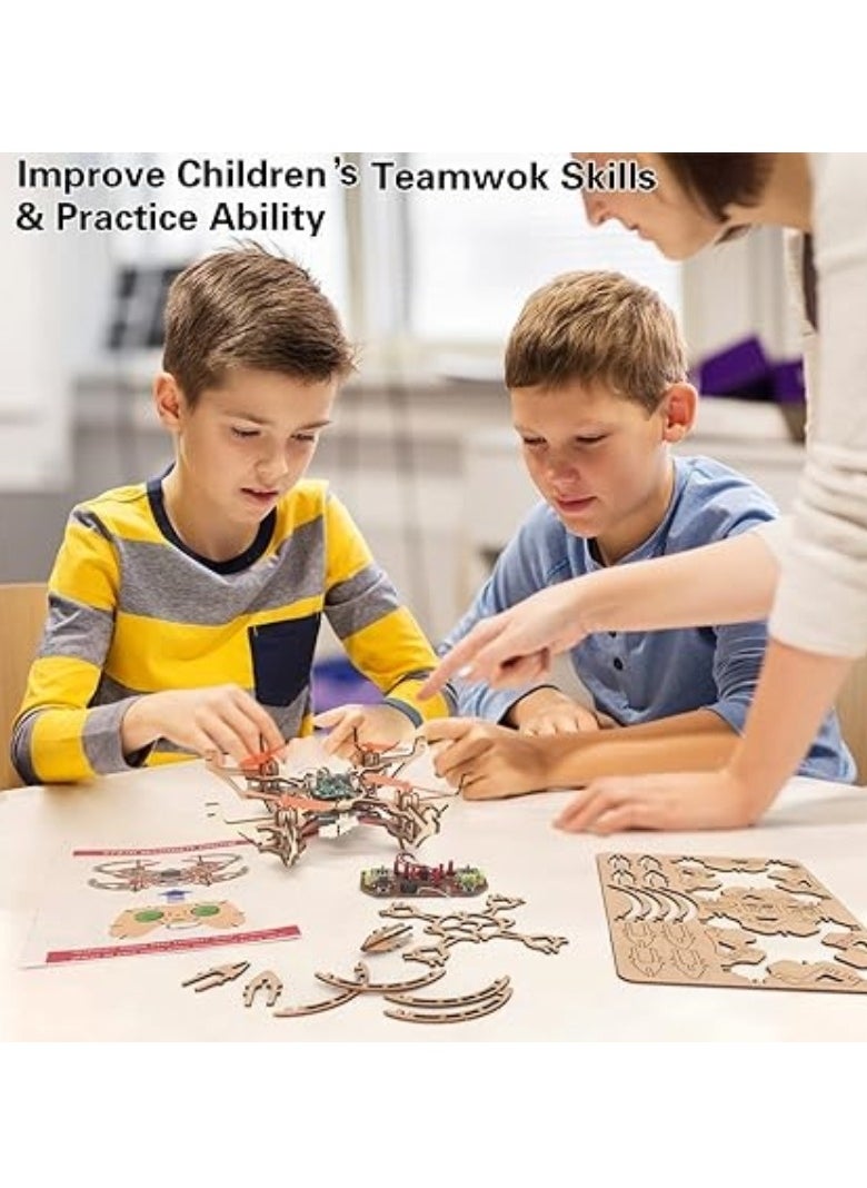 إم مياويان طائرة بدون طيار خشبية من Stem Toys مناسبة للأطفال من سن 6 سنوات فما فوق، طائرة هليكوبتر رباعية المراوح يتم التحكم فيها عن بعد، طائرة بدون طيار صغيرة داخلية، مجموعة نماذج ألغاز ثلاثية الأبعاد، ألغاز خش  - Image 4
