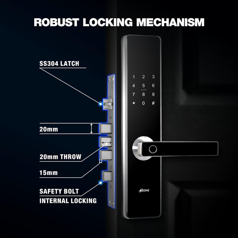 Ozone Ozone Smart Door Locks Main Door Locks for Home Fingerprint Lock Metal Handle OTP via Mobile App RFID Card Digital Door Locks for Main Door Electronic Lock Black 24 Months Warranty  - Image 5