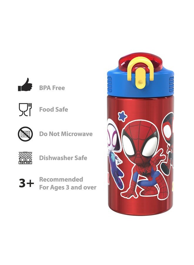 Zak Designs Marvel Spider-Man 18/8 Single Wall Stainless Steel Kids Water Bottle, Flip Straw Locking Spout Cover, Durable Cup for Sports or Travel (15.5oz, Non-BPA, Spidey and His Amazing Friends)  - Image 5