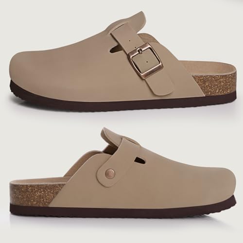 KIDMI Unisex Vegan Suede Clogs Leather Mules Womens Mens Cork Footbed Potato Shoes with Arch Support, Taupe, Size 40 - Image 5