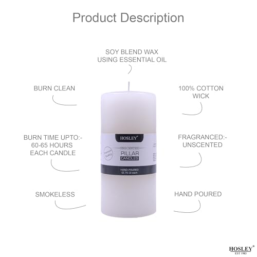 HOSLEY 6 Inch Long Unscented White Pillar Candles|Candle for Decoration | Soy & Paraffin Wax Candles for Home Decor, Party, Gifting| 90 Hours Burn Time|Smokeless & Dripless|Pack of 1 - Image 3