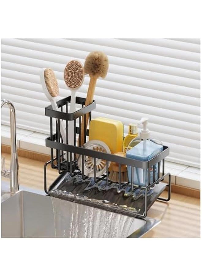 HOOKOR Stainless Steel Sponge Holder for Kitchen Sink, Anti-rust Sponge Caddy, Countertop Kitchen Bathroom Sink Organizer with Drain Tray, Sponge Rack Holder for Dish Soap (Black)  - Image 1