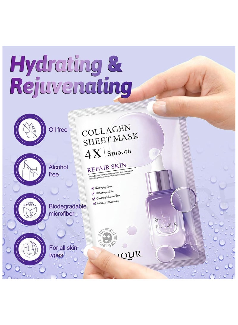 POUQUR 10 PCS Korean Face Masks, Collagen Mask for 4X Smoother & Brighter Skin, Deep Hydrating & Moisturizing, Skin Repair, Firming & Anti-Wrinkle Facial Sheet Mask - Image 2