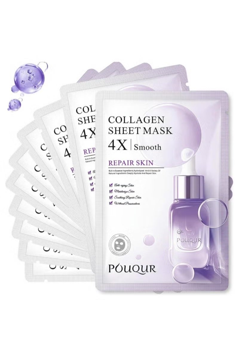POUQUR 10 PCS Korean Face Masks, Collagen Mask for 4X Smoother & Brighter Skin, Deep Hydrating & Moisturizing, Skin Repair, Firming & Anti-Wrinkle Facial Sheet Mask - Image 1