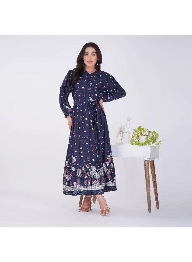 Linelle Rayon Maxi Dress – Floral Printed Design with Belted Waist - Image 1