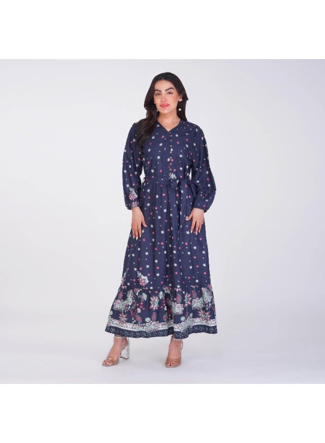 Linelle Rayon Maxi Dress – Floral Printed Design with Belted Waist - Image 3