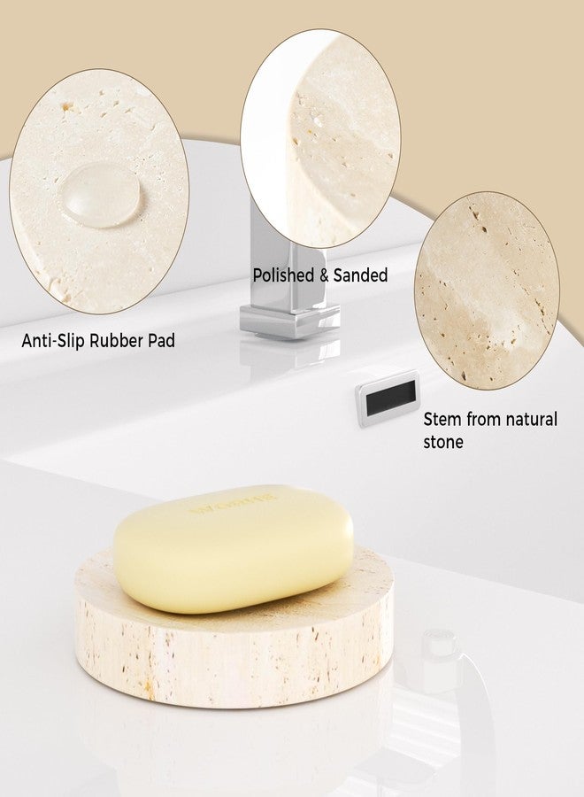 WORHE Marble Soap Dishes Natural Travertine Stone Sponge Holder for Bathroom Tub Shower Kitchen Sink, Handcraft Round Soap Case Trinket Plate Jewelry Tray Coaster for Home Decor Color Beige (WH046) - Image 2