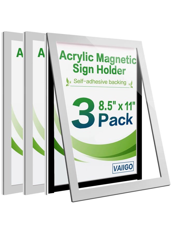 VAIIGO Acrylic Sign Holder 8.5" x 11" Wall Mount, Self Adhesive Magnetic Display Frame with Nano Tape, Plastic Clear Document Frame for Office, Store, School, Home, Wall Picture Frame (Silver, 3Pack) - Image 1