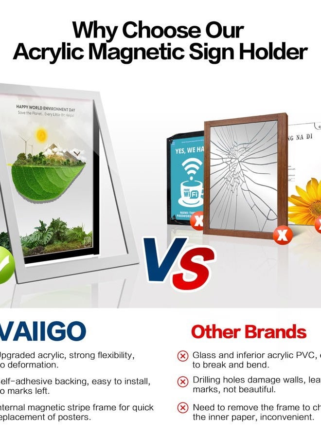 VAIIGO Acrylic Sign Holder 8.5" x 11" Wall Mount, Self Adhesive Magnetic Display Frame with Nano Tape, Plastic Clear Document Frame for Office, Store, School, Home, Wall Picture Frame (Silver, 3Pack) - Image 3