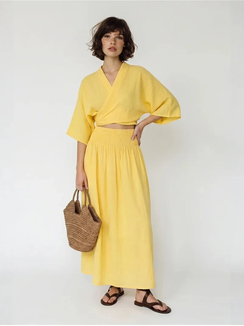 بيانكو لوتشي LUCCI Cotton Two-Piece Blouse And Midi Skirt Set