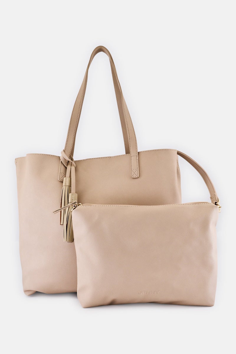 Jenny Women 2 Pcs Brand Logo Tote Bag With Crossbody Bag, Beige - Image 1