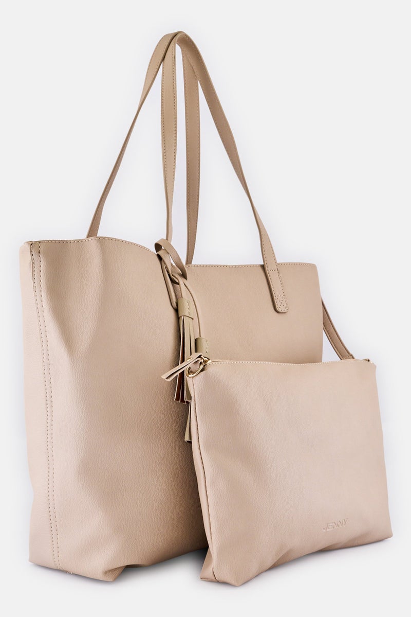 Jenny Women 2 Pcs Brand Logo Tote Bag With Crossbody Bag, Beige - Image 3
