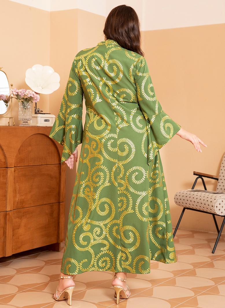 فرايديين انيق طوق على شكل V مشجر البرونزي الربط الاكمام المتوهجة فساتين حجم إضافي اخضر - Image 2