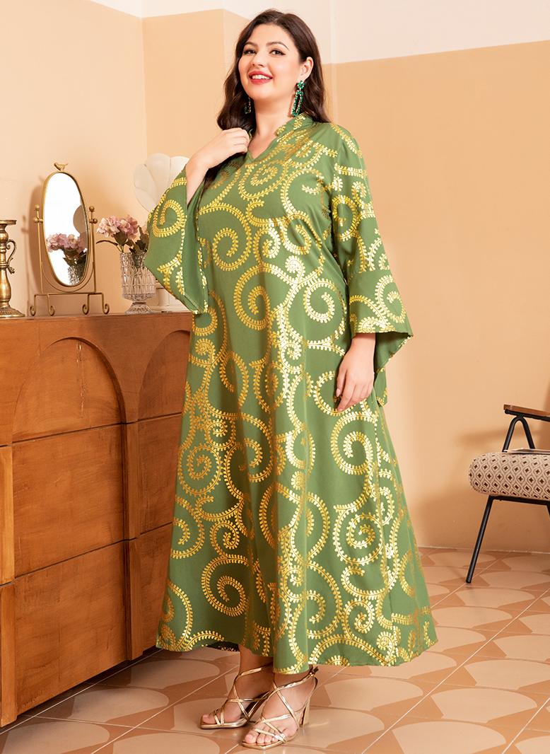 فرايديين انيق طوق على شكل V مشجر البرونزي الربط الاكمام المتوهجة فساتين حجم إضافي اخضر - Image 4