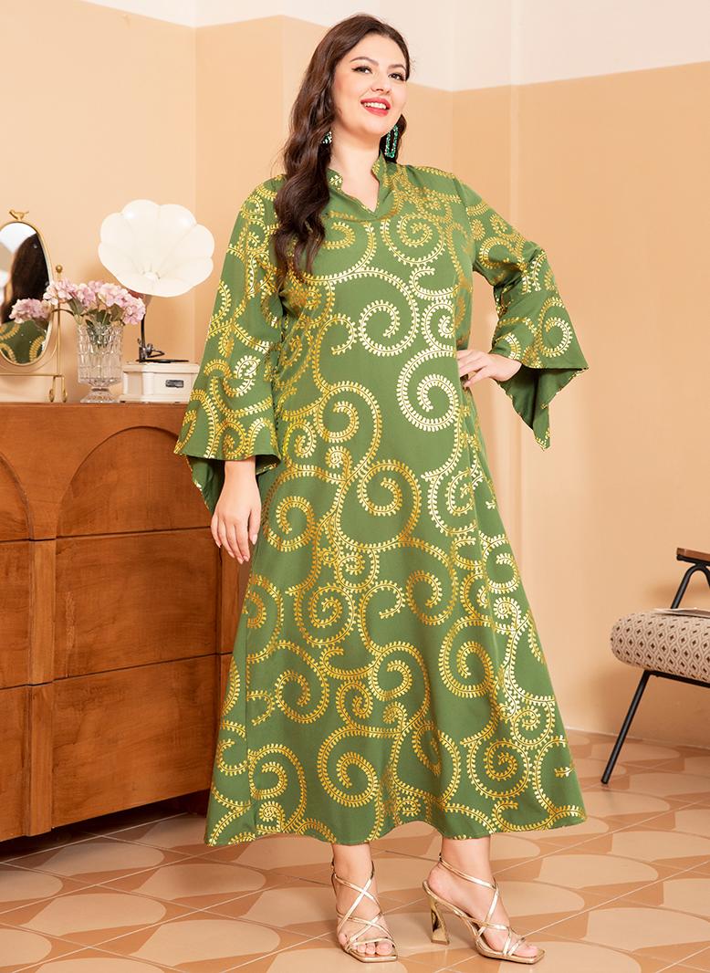 فرايديين انيق طوق على شكل V مشجر البرونزي الربط الاكمام المتوهجة فساتين حجم إضافي اخضر - Image 3