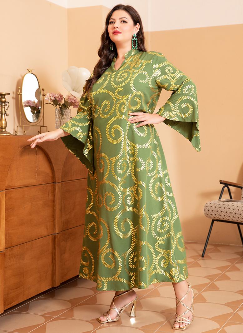 فرايديين انيق طوق على شكل V مشجر البرونزي الربط الاكمام المتوهجة فساتين حجم إضافي اخضر - Image 1