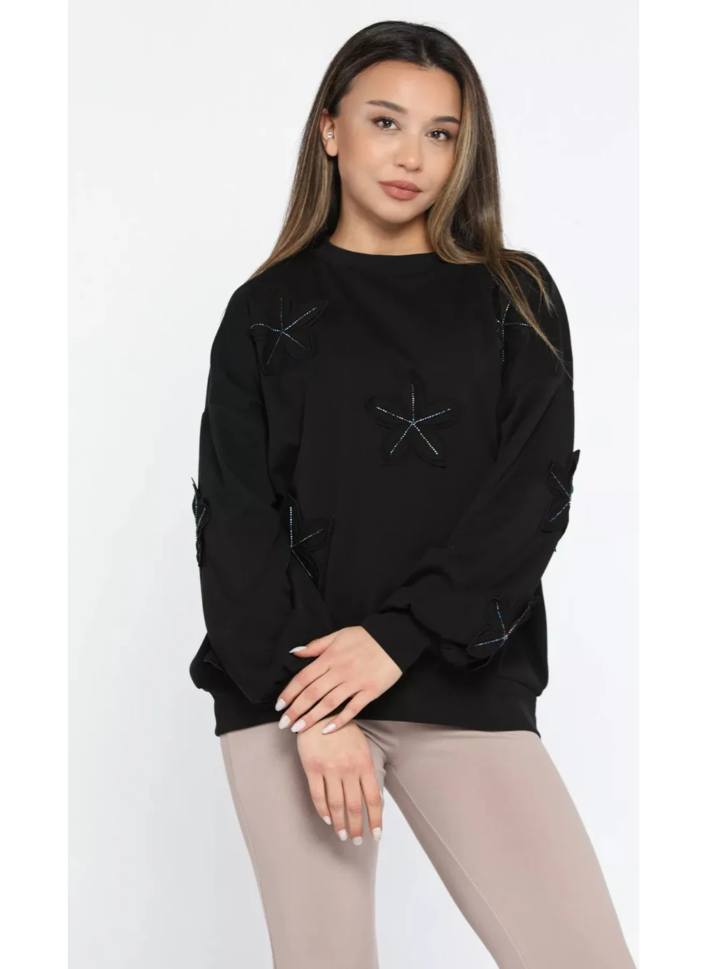 Gülseli Women's Sweatshirt with Rose Flower Motif