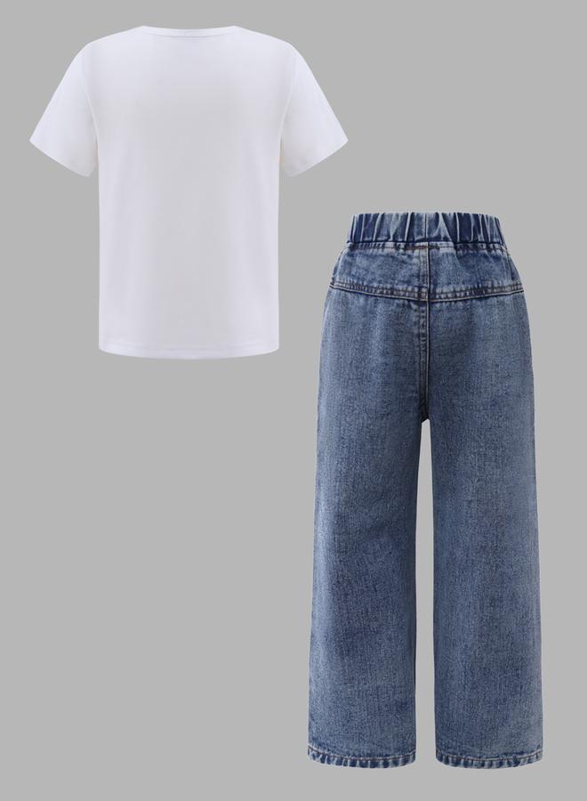 تايك تو طقم تيشيرت وبنطلون جينز بطبعة قلب للبنات - Image 3