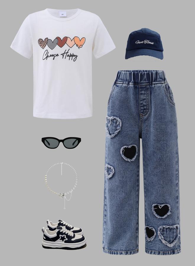 تايك تو طقم تيشيرت وبنطلون جينز بطبعة قلب للبنات - Image 1