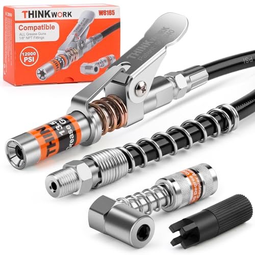 THINKWORK Grease Gun Coupler Set, Strong Lock on Greases Gun Couplers with 90° Grease Coupler Adaptor,12000 PSI Quick Release Grease Coupler Compatible with All Grease Guns 1/8" NPT Grease Gun Fitting - Image 1