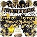 IHEPYQ Gold Black Birthday Decorations Happy Birthday Banner Backdrop Balloons Honeycomb Balls Star Foil Balloons Stars Hanging Swirls Cake Topper for Baby Boys Girl Men Women Birthday Decoration - Image 2