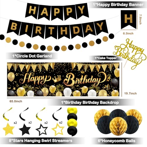 IHEPYQ Gold Black Birthday Decorations Happy Birthday Banner Backdrop Balloons Honeycomb Balls Star Foil Balloons Stars Hanging Swirls Cake Topper for Baby Boys Girl Men Women Birthday Decoration - Image 5
