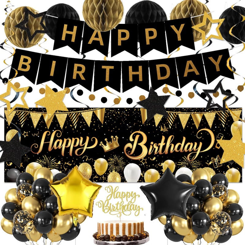 IHEPYQ Gold Black Birthday Decorations Happy Birthday Banner Backdrop Balloons Honeycomb Balls Star Foil Balloons Stars Hanging Swirls Cake Topper for Baby Boys Girl Men Women Birthday Decoration - Image 3