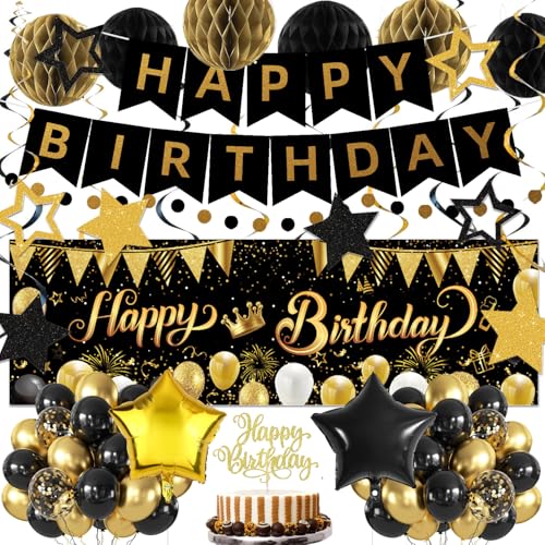 IHEPYQ Gold Black Birthday Decorations Happy Birthday Banner Backdrop Balloons Honeycomb Balls Star Foil Balloons Stars Hanging Swirls Cake Topper for Baby Boys Girl Men Women Birthday Decoration - Image 1