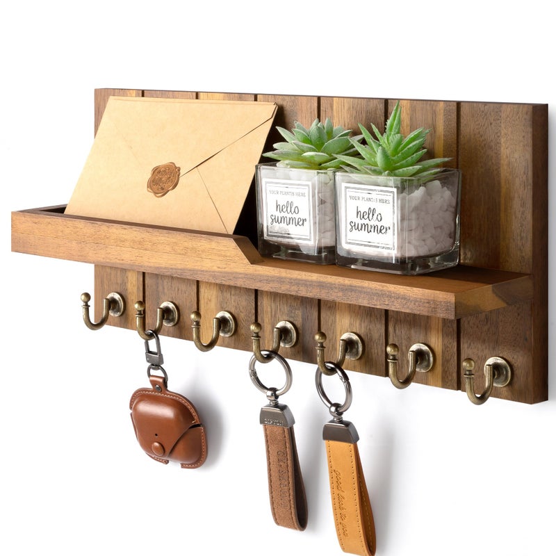Rebee Vision Key Holder Wall Mount for Home Decor - Key Holder for Wall with Floating Shelf for Hanging Coats & Hats - to Elevate Farmhouse Decor (Acacia Wood, 3.54''Ã—15''Ã—7.28'') - Image 1