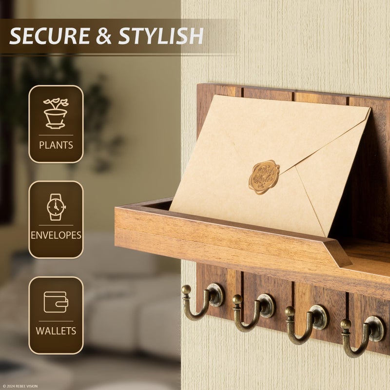 Rebee Vision Key Holder Wall Mount for Home Decor - Key Holder for Wall with Floating Shelf for Hanging Coats & Hats - to Elevate Farmhouse Decor (Acacia Wood, 3.54''Ã—15''Ã—7.28'') - Image 5