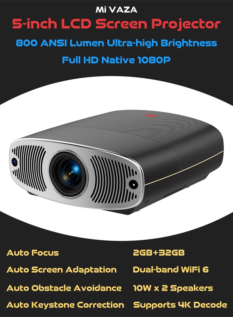 مي فازا جهاز عرض بدقة Full HD أصلية 1080P - سطوع 800 لومن ANSI - يدعم دقة 4K - مكبرات صوت 10 واط × 2 - ذاكرة 2 جيجابايت + 32 جيجابايت - ضبط تلقائي للصورة - واي فاي ثنائي النطاق 6 - تصحيح تلقائي لانحراف الصورة - جهاز عرض أفلام متوافق مع أندرويد/iOS/الكمبيوتر/الهواتف الذكية/أجهزة التلفزيون الذكية/إكس بوكس/سويتش/HDMI/USB - Image 1