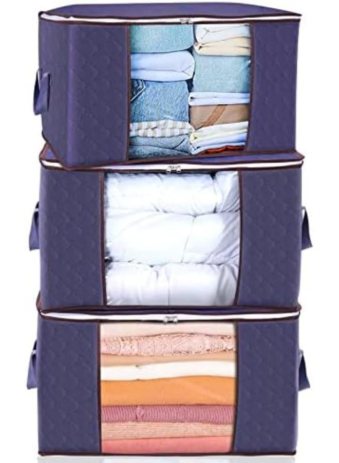 Clothes Storage Bag Organizer, [3 Pack] Large Capacity Reinforced Handle Thick Fabric For Comforters, Blankets, Bedding, Foldable & Sturdy Zipper, Clear Window, Under Bed Storage (Navy Blue) - Image 1