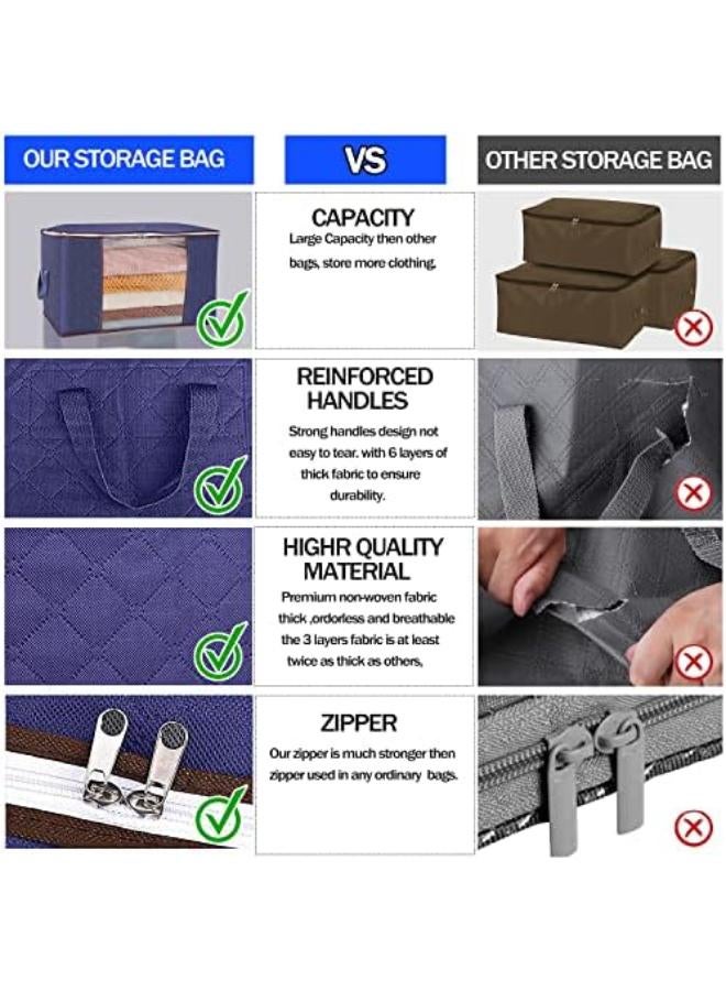 Clothes Storage Bag Organizer, [3 Pack] Large Capacity Reinforced Handle Thick Fabric For Comforters, Blankets, Bedding, Foldable & Sturdy Zipper, Clear Window, Under Bed Storage (Navy Blue) - Image 5