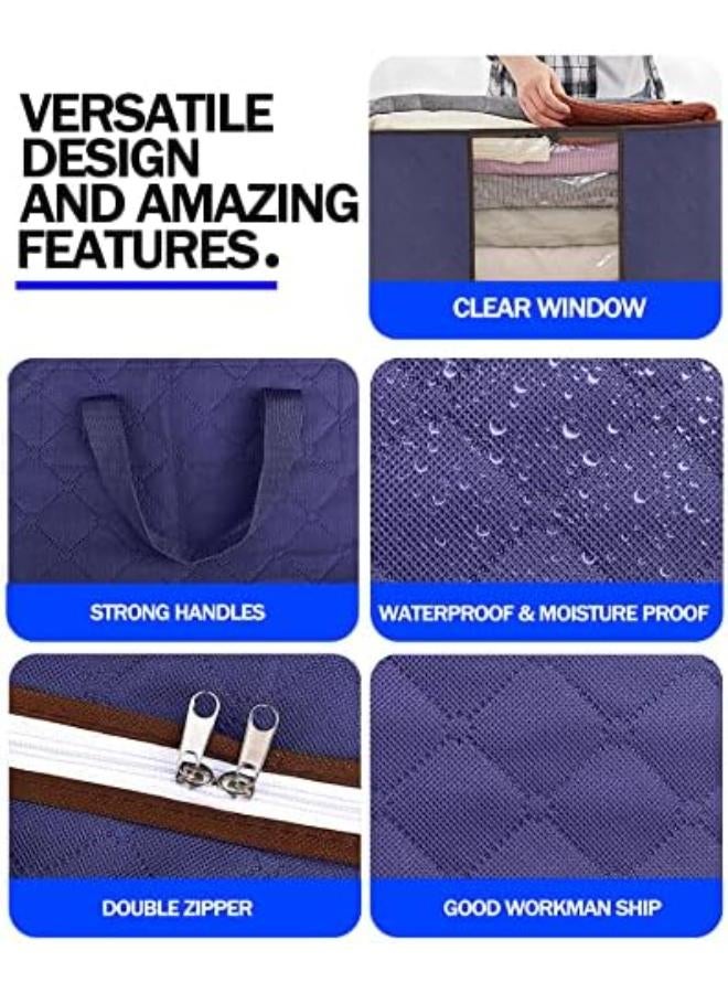 Clothes Storage Bag Organizer, [3 Pack] Large Capacity Reinforced Handle Thick Fabric For Comforters, Blankets, Bedding, Foldable & Sturdy Zipper, Clear Window, Under Bed Storage (Navy Blue) - Image 3