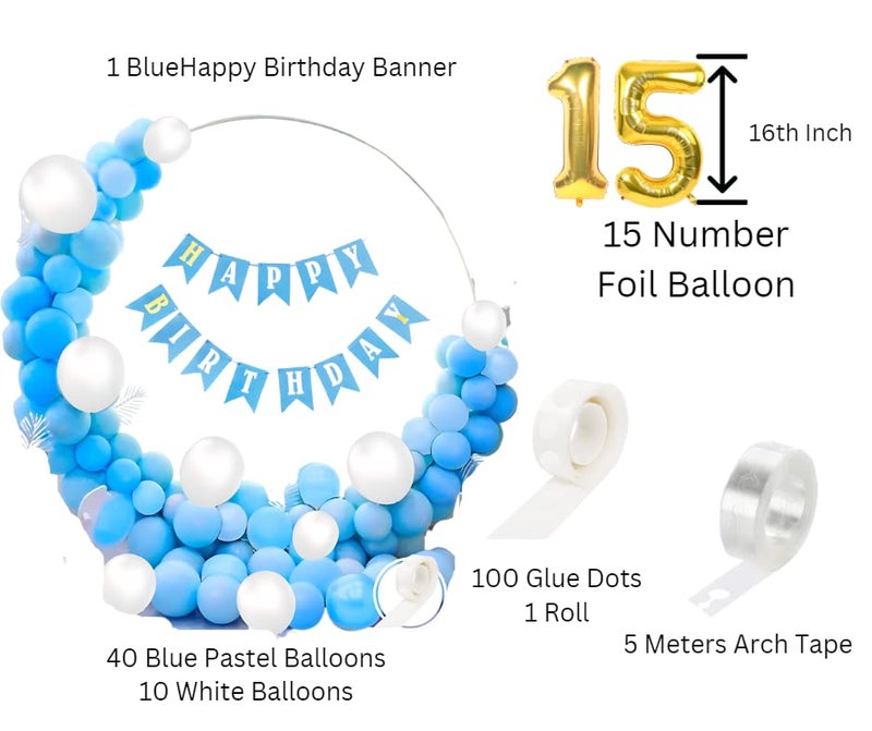 Flyloons 15th Blue White Happy Birthday Decoration for Girls Kids Boys with Blue Happy Birthday banner, White,Blue Pastel Balloons, Glue dots,Arch Tape for Balloons birthday decoration items for room… - Image 2