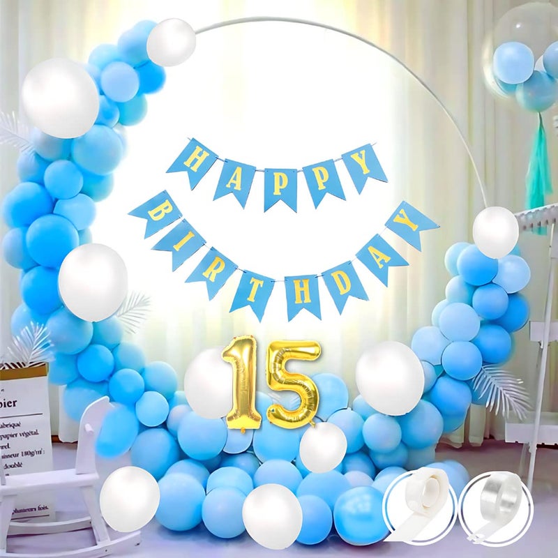 Flyloons 15th Blue White Happy Birthday Decoration for Girls Kids Boys with Blue Happy Birthday banner, White,Blue Pastel Balloons, Glue dots,Arch Tape for Balloons birthday decoration items for room… - Image 3