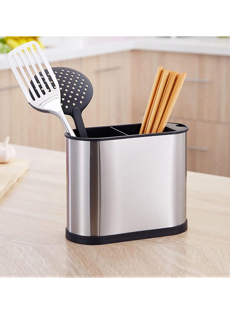 GGOOT Kitchen Utensil Holder Stainless Steel Chopsticks Spoons Container with Drainer Countertop Organizer 2 Compartments - Image 5