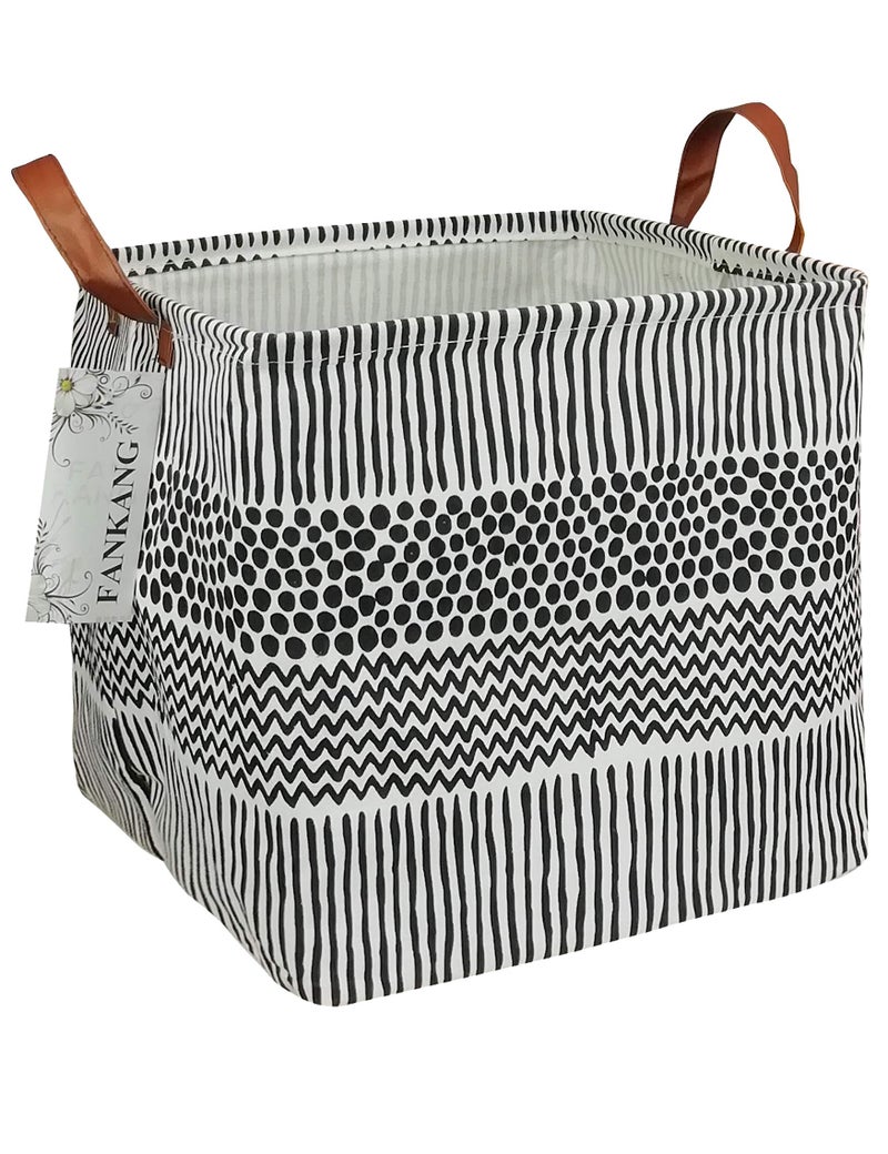 FANKANG Square Nursery Hamper Storage Bins Canvas Laundry Basket Foldable with Waterproof PE Coating Storage Baskets Gift Baskets for Children, Office, Bedroom, Clothesï¼ˆSquare-Black Lines ï¼‰ - Image 1