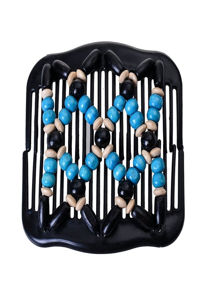 Lovef Magic Wood Beads Double Hair Comb Clip Stretchy Women Hair Accessories (Blue Beige Rose Red Purple) (Blue) - Image 2