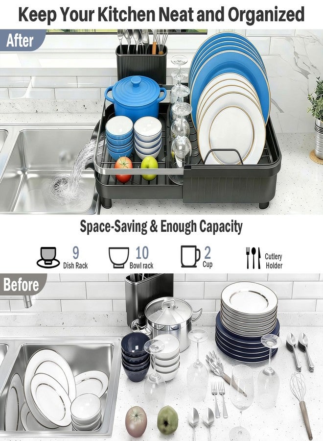 Kmiectse Dish Drying Rack - Expandable Dish Rack for Kitchen Counter, Stainless Steel Dish Drainer with Utensil Holder, Black - Image 5