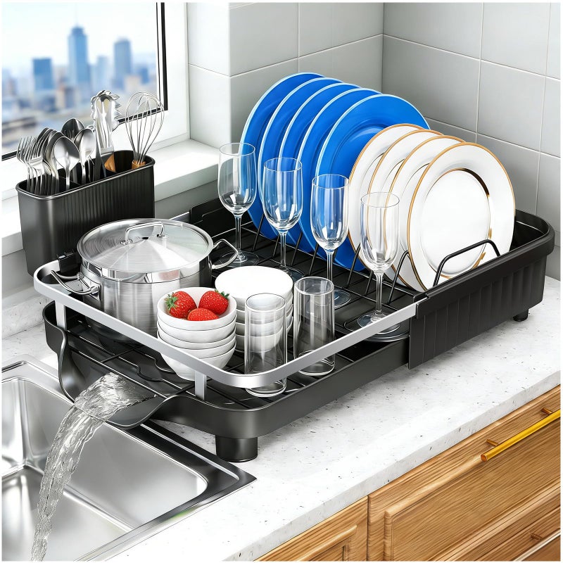 Kmiectse Dish Drying Rack - Expandable Dish Rack for Kitchen Counter, Stainless Steel Dish Drainer with Utensil Holder, Black - Image 1