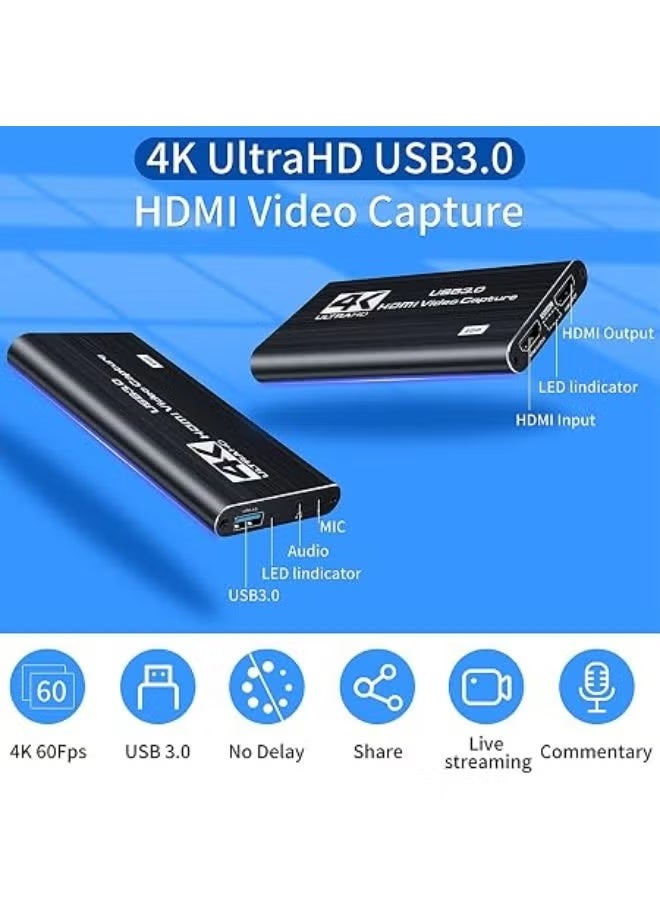 4K USB 3.0 HDMI Game Capture Card with 1080P 60FPS HDMI Loop Out, Streaming and Recording Device for PS3/PS4, Windows, Linux, OBS and Twitch – Black - Image 1