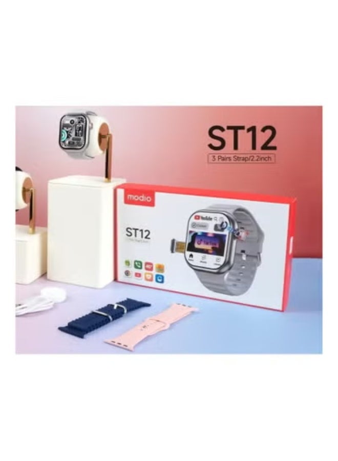 modio ST12 Smart Watch with 2.2-Inch Full Screen Display – 4G SIM Support, Fitness & Health Tracking, 3 Interchangeable Straps, Wireless Charging, Waterproof Bluetooth Smartwatch for Men & Women – Silver - Image 2
