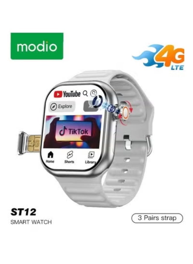 modio ST12 Smart Watch with 2.2-Inch Full Screen Display – 4G SIM Support, Fitness & Health Tracking, 3 Interchangeable Straps, Wireless Charging, Waterproof Bluetooth Smartwatch for Men & Women – Silver