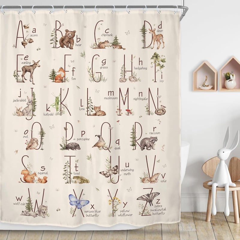 Riyidecor Kids Alphabet Shower Curtain for Bathroom Decor 60Wx72H Children Boho Woodland Cute Funny Animals ABC Learning Nursery Aesthetic Art Printed Fabric Polyester Waterproof 12 Pack Plastic Hooks - Image 1