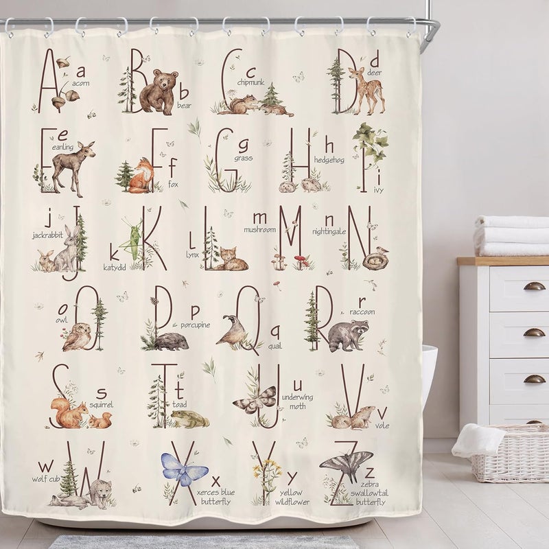 Riyidecor Kids Alphabet Shower Curtain for Bathroom Decor 60Wx72H Children Boho Woodland Cute Funny Animals ABC Learning Nursery Aesthetic Art Printed Fabric Polyester Waterproof 12 Pack Plastic Hooks - Image 2